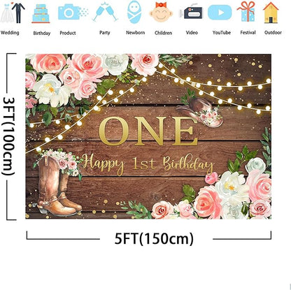 SVBright Cowgirl First Birthday Backdrop 5Wx3H Western Rustic Country Retro Wooden Plank Pink Flower Happy Birthday Baby Shower Wood Hat Decorations Photography Background Banner Photo Booth Studio