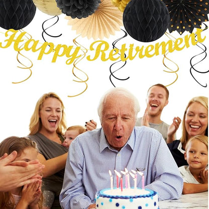 Black Gold Women-Men Happy-Retirement Party-Decorations - 21pcs Celebration Banner,Paper Streamers Lanterns Honeycomb,Tissue Flowers Pom Poms Fan, Classroom Backdrop Supplies Garland Decor Huglony