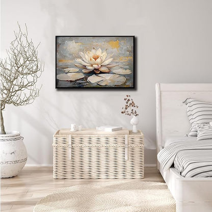 Ethereal white lotus floating on Crystal Waters poster vintage oil painting printwall art soft blush and gold accents serene home and office decor dreamy 8x12in Metal blackFramed