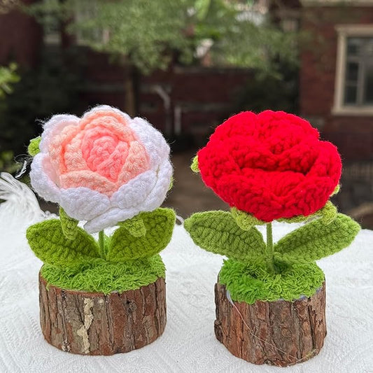 Hand Crochet Knitted Potted Rose Bouquet Creative Knitted Potted Plant mini Cute Home Desktop Decorations and Gifts for Friends, Lovers, classmates (Red Roses 02)