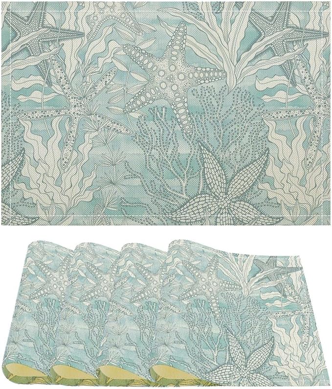 Nautical Placemats Beach Ocean Starfish Seashell Coral Art Printed Dining Table Mats Set of 4 for Restaurant Home Kitchen Holiday Picnic Party Decor 12x18in
