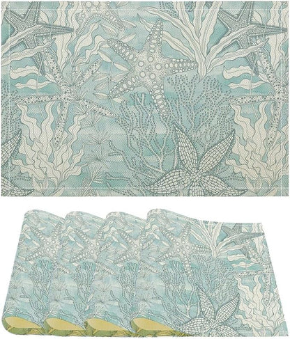 Nautical Placemats Beach Ocean Starfish Seashell Coral Art Printed Dining Table Mats Set of 4 for Restaurant Home Kitchen Holiday Picnic Party Decor 12x18in