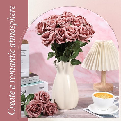 Hotop 20 Pcs Artificial Rose Flowers with Long Stem,Real Touch Silk Realistic Plastic Bouquet Roses Bulk for Home Decor Bridal Wedding Party Table Centerpieces Decorations(Dusty)