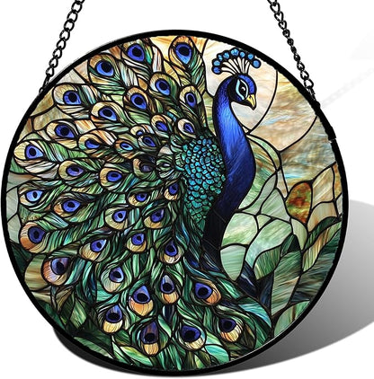 Stained Glass Window Hanging, Blue Green Peacock Decor Suncatcher for Door Garden Home Decoration Bird Sun Catchers Christmas Mother's Day Birthday Gifts for Women Men Mom Nana Friend 7.8 in