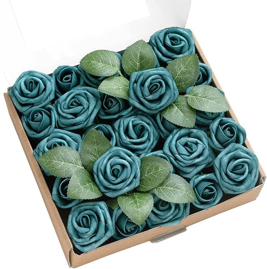 Ling's moment Artificial Wedding Flowers 1.5" Rose Buds and 2" Petite Roses 25pcs Dark Teal w/Stem for DIY Wedding Boutonniere Wrist Corsages Bouquets Centerpieces Arrangements