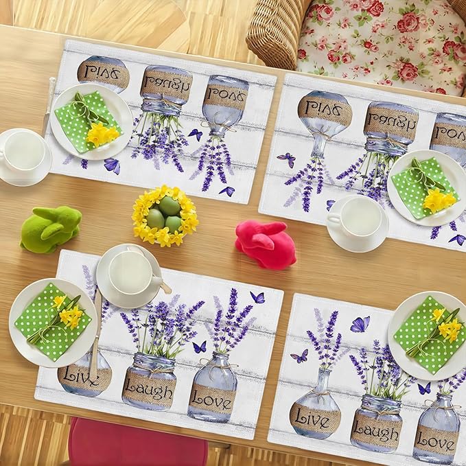 Lavender Flower Placemats Set of 6 Farmhouse Purple Floral Table Mats Washable Place mats for Home Party Indoor Kitchen Dining Table Decoration 12x18 Inch