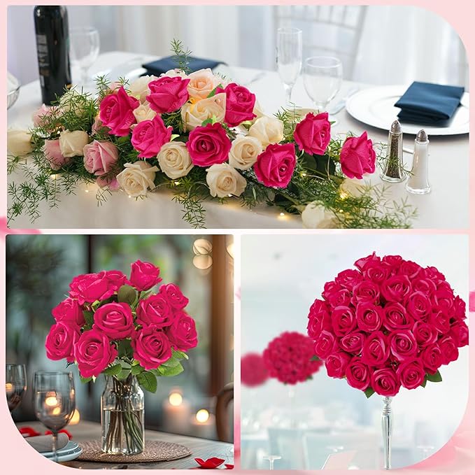 80 Pcs Roses Artificial Flowers, Silk Hot Pink Artificial Flowers Petals Long Stem Roses for Wedding Bouquet Home Party Decor