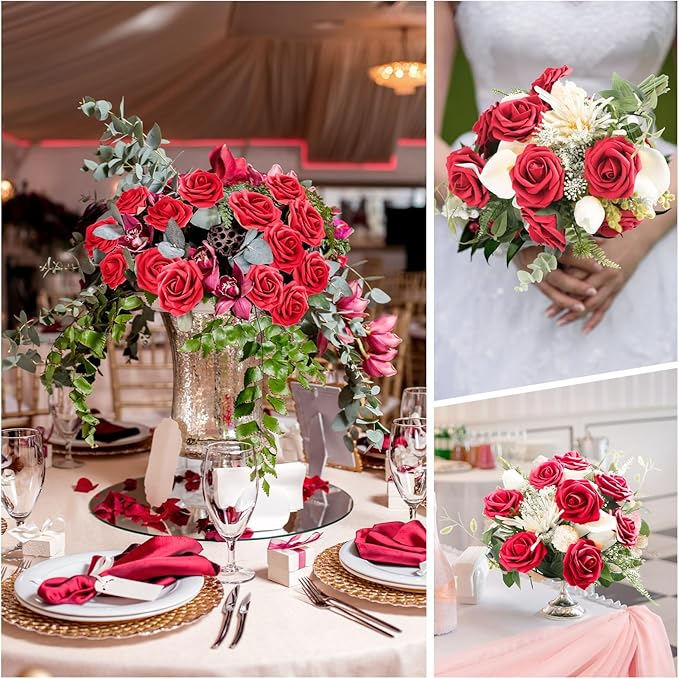 100 Pieces Artificial Foam Rose Flowers Faux Bouquet with Leaves and Stems for DIY Wedding Bouquets Centerpieces Bridal Shower Party Valentine Home Decorations(Red)