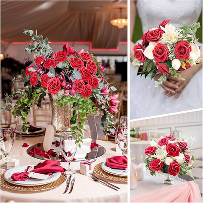 100 Pieces Artificial Foam Rose Flowers Faux Bouquet with Leaves and Stems for DIY Wedding Bouquets Centerpieces Bridal Shower Party Valentine Home Decorations(Red)