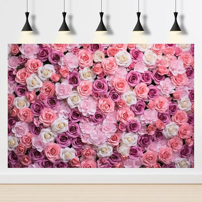 Pink Red Roses Backdrop Flowers Floral Wall Photography Background Baby Shower Wedding Birthday Party Banner Anniversary Decorations Girls Children Adults Portrait Video Studio Prop 15x10ft