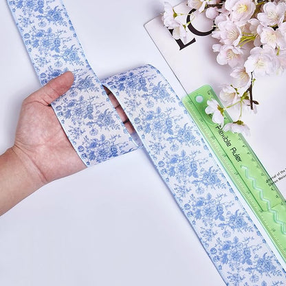 Blue Floral Wired Ribbon 2.5 Inch Vintage Flower Chinoiserie Printed Fabric Ribbon for DIY Crafts Wreath Bow Making, 15 Yards