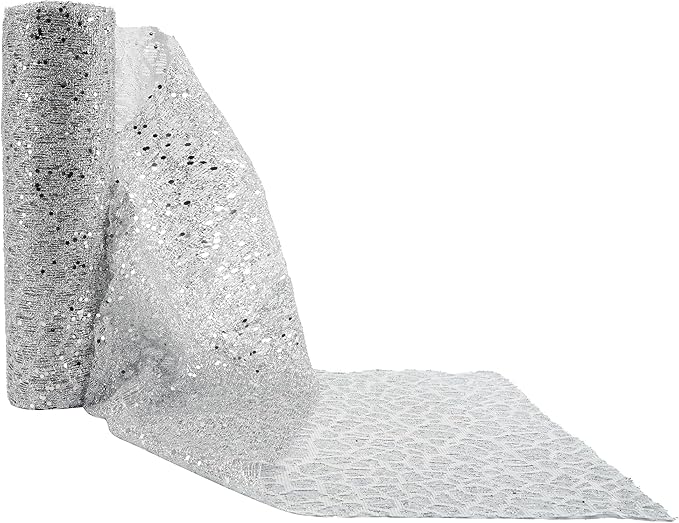 MEEDEE Silver Glitter Mesh Web Ribbon 10 Inch Wide by 10 Yards Roll Fabric Ribbon Silver Decorative Mesh Ribbon for Christmas Tree, Garland, Holiday Wreaths, Bows, Home Decor