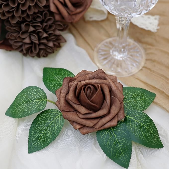 Artificial Flowers, 25pcs Brown Artificial Rose for DIY Wedding Bouquets Centerpieces Arrangements, Brown Rose and Dahlia Flowers with Stem for Bridal Shower Party Home Decorations