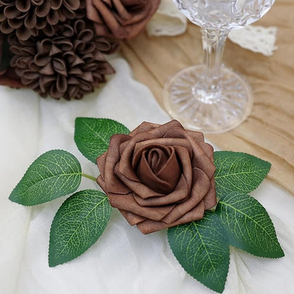 Artificial Flowers, 25pcs Brown Artificial Rose for DIY Wedding Bouquets Centerpieces Arrangements, Brown Rose and Dahlia Flowers with Stem for Bridal Shower Party Home Decorations