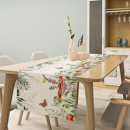Watercolor Mushroom Table Runner, Boho Vintage Green Plant Butterfly Wildflower Eucalyptus Leaf Print Table Cover for Home Holiday Party Indoor Outdoor, 13x70inch