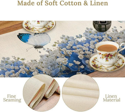 Butterfly Floral Table Runner, Blue White Hydrangea Flowers Bloom Spring Garden Theme Table Runner for Kitchen Dining Holiday Party Wedding, 13x70 Inch