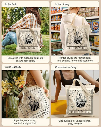 Aesthetic Tote Bag for Women- with Magnetic Buckle and Zipper Inner Pocket Cloth Cotton Canvas Tote Bags