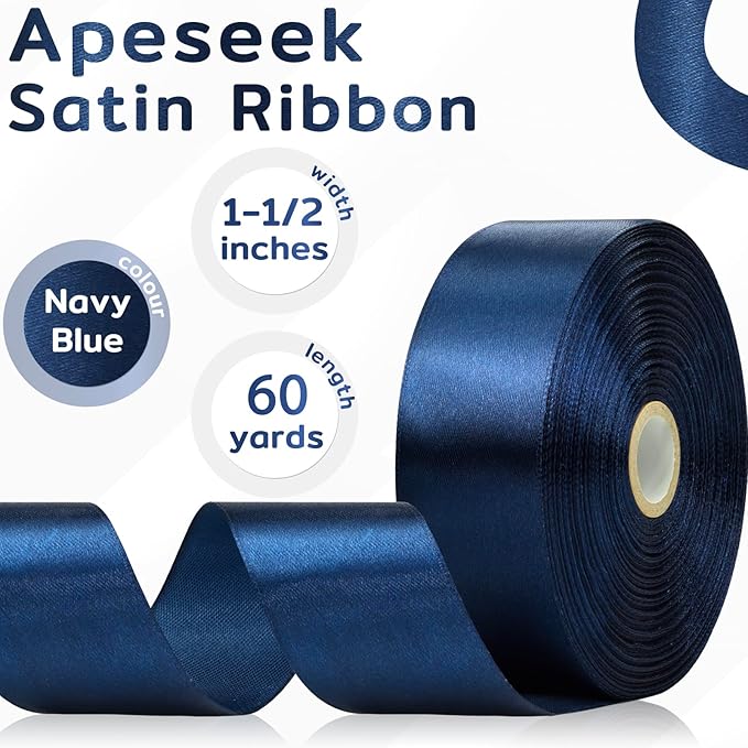 60 Yards Navy Blue Ribbon 1-1/2 Inch, Solid Dark Blue Satin Ribbon for Gift Wrapping, Crafts, Flower Bouquet, Wedding, Baby Shower, Festival, Christmas, Halloween