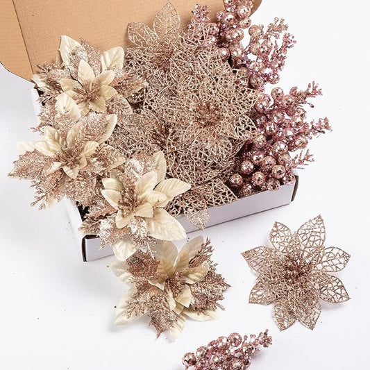 24Pcs Christmas Poinsettia Artificial Flowers and Glitter Berries Kit, 2 Styles Total 16Pcs Christmas Tree Flowers Ornaments, 8Pcs Christmas Tree Picks for Wedding Holiday Decorations, Rose Gold