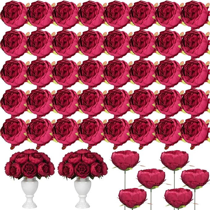 50 Pcs Artificial Peony Flower Bulk 3.5 Inch Silk Peony Flowers Heads with Stems Realistic Fake Roses for DIY Wedding Party Craft Bridal Bouquets Table Centerpieces Vase Home Decor(Burgundy)