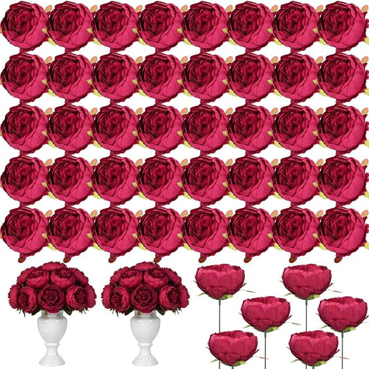 50 Pcs Artificial Peony Flower Bulk 3.5 Inch Silk Peony Flowers Heads with Stems Realistic Fake Roses for DIY Wedding Party Craft Bridal Bouquets Table Centerpieces Vase Home Decor(Burgundy)