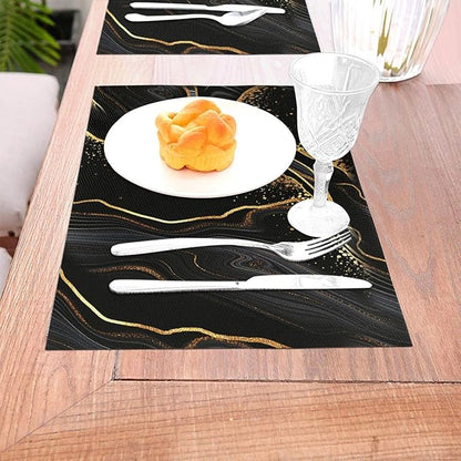 Black Gold Marble Texture Placemats Set of 4, Black Table Mats, Heat Resistant Washable Linen Place Mats for Kitchen Dining Table Farmhouse 12"x18", Black Gold Kitchen Decor