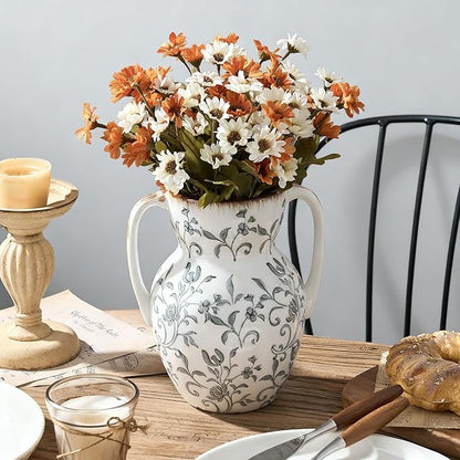 Gray and Beige Farmhouse Vintage Vase with 2 Handles, Chinoiserie Floral Vase, Rustic Ceramic Vases for Home Decor, Wedding, Living Room, Table, Shelf Decor - 8.3 Inch Tall