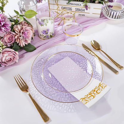 Rubtlamp 175 Pcs Purple Plastic Dinnerware Set (25 Guests), Clear Purple Plates With Gold Rim, Hammered Party Platos, Plates And Cups And Napkins Sets for Wedding, Party