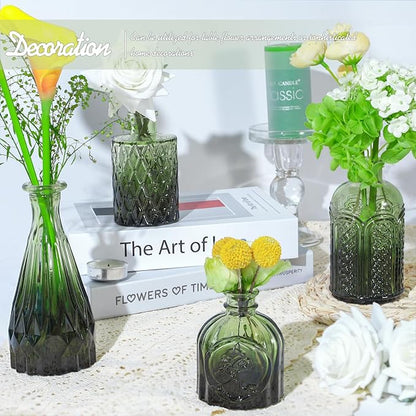 Glass Bud Vase Set of 24, Small Green Flower Vases for Centerpieces in Bulk, Mini Vintage Vase for Wedding Decor, and Home Table Décor