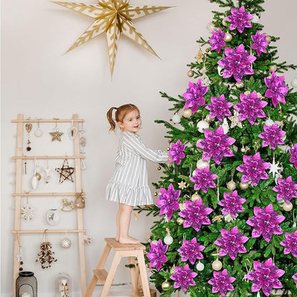 Geosar 24 Christmas Glitter Artificial Poinsettia Flowers Xmas Poinsettia Artificial Wedding Flowers Decorations Xmas Tree Ornaments with Clips for Party Favors, 6 Inch, 4 Inch, 3 Inch (Dark Purple)