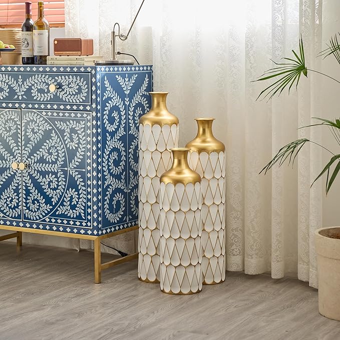 Floor Oversized Gold Metal Decorative Vase with 3D Triangle Pattern Set of 3 Large Vases for Home Living Room 33.5 ", 29.5 ", 25.2" High (Gold+Antique White)