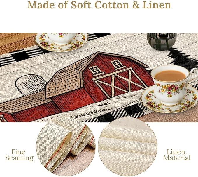 Rustic Farmhouse Table Runner Vintage Western Farm Cow Rooster Red Barn Cabin Country Lodge Dinner Runner for Home Kitchen Dinner Table Party Decoration 13x90in