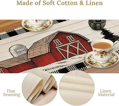 Rustic Farmhouse Table Runner Vintage Western Farm Cow Rooster Red Barn Cabin Country Lodge Dinner Runner for Home Kitchen Dinner Table Party Decoration 13x108in