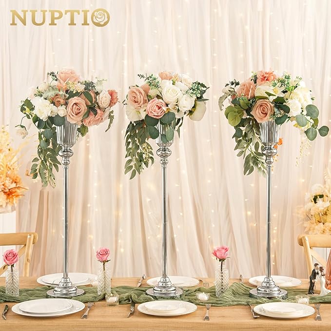 NUPTIO Centerpiece Vase Tall Wedding: 2 Pcs 30.5" Silver Flower Stand for Table Metal Trumpet Vase for Party Decorations