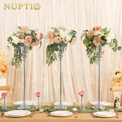 NUPTIO Centerpiece Vase Tall Wedding: 2 Pcs 30.5" Silver Flower Stand for Table Metal Trumpet Vase for Party Decorations