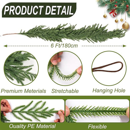 6 Ft Christmas Norfolk Pine Garland Real Touch Artificial Faux Greenery Christmas Garland Decorations for Home Mantle Table Stairs Fireplace Door Indoor Outdoor Holiday Decor