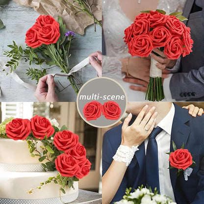 Artificial Flowers Red Roses Real Looking Foam Fake Roses 50PCS with Leaves and for DIY Wedding Bouquets Bridal Shower Centerpieces Party Decorations (Red)