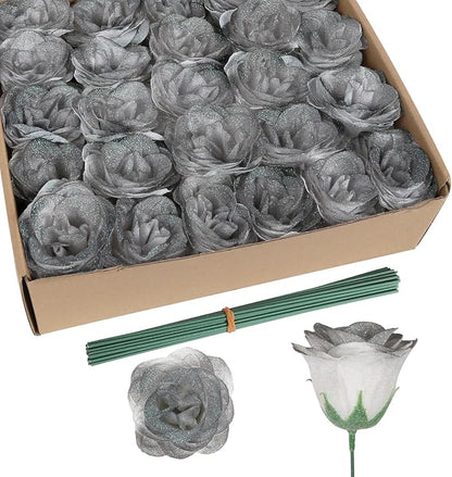 Roses Artificial Flowers,30PCS Glitter Roses Faux Roses with Stems for Wedding Bouquet Party Christmas Home Decor（Gradient Black ）