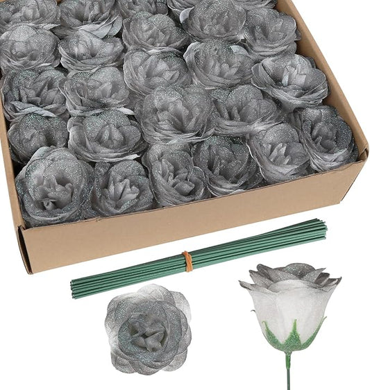 Roses Artificial Flowers,30PCS Glitter Roses Faux Roses with Stems for Wedding Bouquet Party Christmas Home Decor（Gradient Black ）