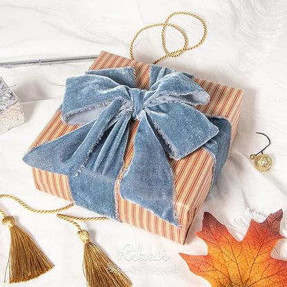 Ribbli Dusty Blue Velvet Ribbon 2 Inch Handmade Frayed Vintage Christmas Ribbon for Gift Wrapping Christmas Tree Ornament Wreath Craft Home Decor -3 Yards