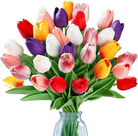 Sggvecsy 15 Pcs Fake Tulips Artificial Flowers Real Touch PU Faux Flowers Tulip Stems for Wedding Spring Bouquet Floral Arrangement Party Home Office Decorations for Mother's Day (Multi Colors)
