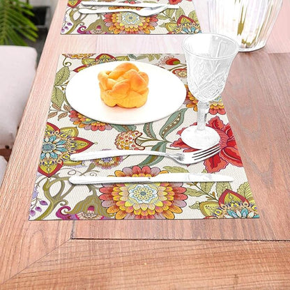 Boho Floral Placemats Set of 4, Flower Table Mats for Kitchen Dining Table, Colorful Decorative Place Mats Washable Linen Placemat 12"x18", Housewarming Gifts for New Home