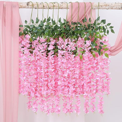 Duovlo 12 Piece Artificial Silk Wisteria Vine 3.6 Feet Ratta Hanging Flower Garland String Home Party Wedding Decor (Light Pink)