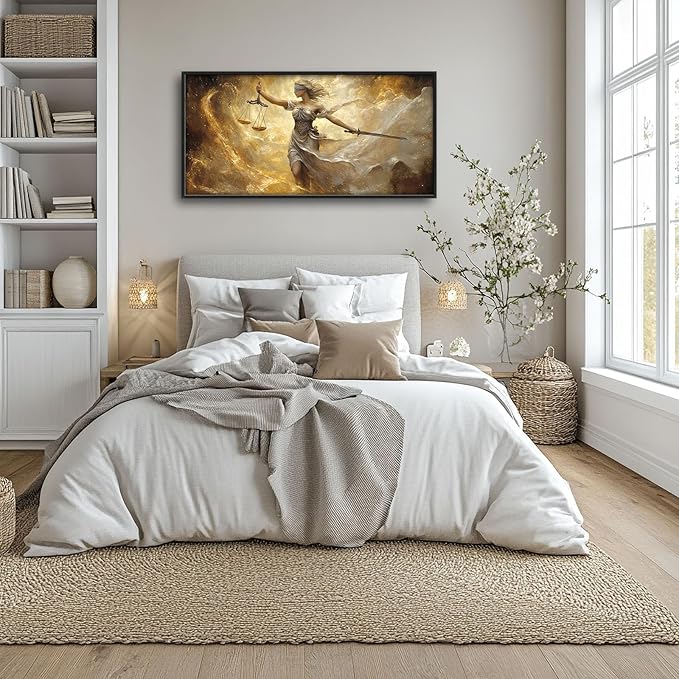 Lady Justice Large Wall Art Scales of Justice Pictures Wall Decor Themis Justitia Canvas Legal Principles Print Painting Modern Artwork Decoration for Lawyer Office Living Room Bedroom Bathroom Framed 60"x30"