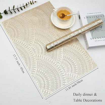 Gold Rectangle Placemats Set of 6, Vinyl Place Mats Hollow-Out Curved Pattern Waterproof Oil-Proof Wipeable Table Mats for Kitchen and Dining Centerpiece Table Decorations
