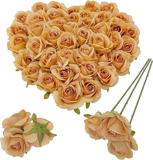 Artificial Light Coffee Satin Rose Flower Heads,42 Pcs Toffee Silk Rose Heads with Stems,3.5'' Rose Artificial Flowers Bulk,Artificial Brown Rose Flower Heads for DIY Crafts Bouquet (42, Toffee)