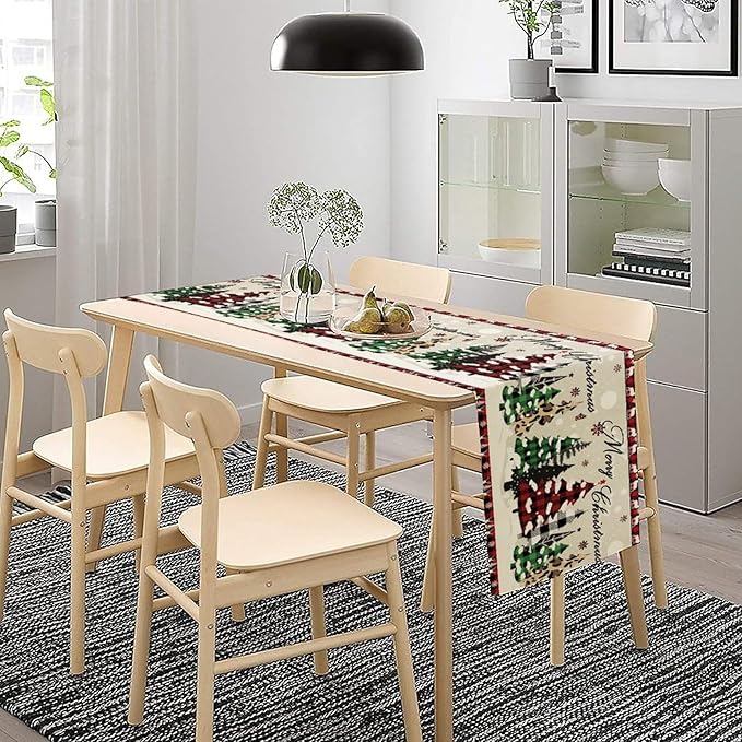Christmas Tree Table Runner,Farmhouse Xmas Trees Buffalo Plaid Winter Snowflake Tablecloth Burlap for Hotel Indoors Outdoor Dining Room Kitchen Home Decor,W13X L108 in