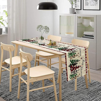 Christmas Tree Table Runner,Farmhouse Xmas Trees Buffalo Plaid Winter Snowflake Tablecloth Burlap for Hotel Indoors Outdoor Dining Room Kitchen Home Decor,W13X L108 in
