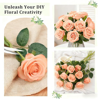 Tangerine Pink Roses Artificial Flowers 15 PCS, Fake Roses Silk Flowers with Long Stems, Faux Rose for Wedding Centerpieces, Home Decor, Party Decor, DIY Bouquet (Tangerine Pink)