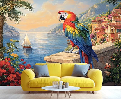 KIREUPA Macaw Parrot Wall Mural, Coastal Mediterranean Parrot 3d Wall Murals, Sunset Seaside Village Scene Wallpaper Mural, for Living Room Bedroom Large Wallpaper Indoor Decor 197" W x124.8 H
